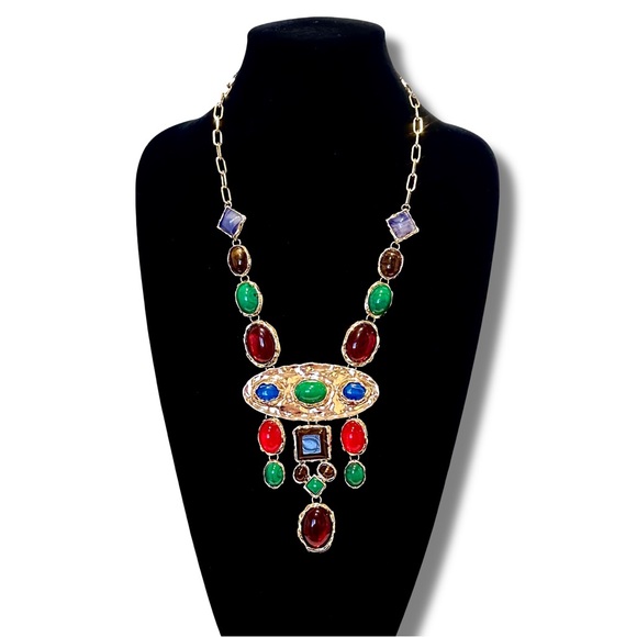 NATASHA Super Shiny Colorful Polished Gold & Gemstone Statement Necklace NWT - Picture 6 of 9
